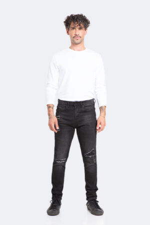 Jeans Hombre Skinny Negro Focalizado con Destroyer