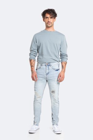 Jeans Hombre Skinny Azul Hielo Focalizado Destroyer